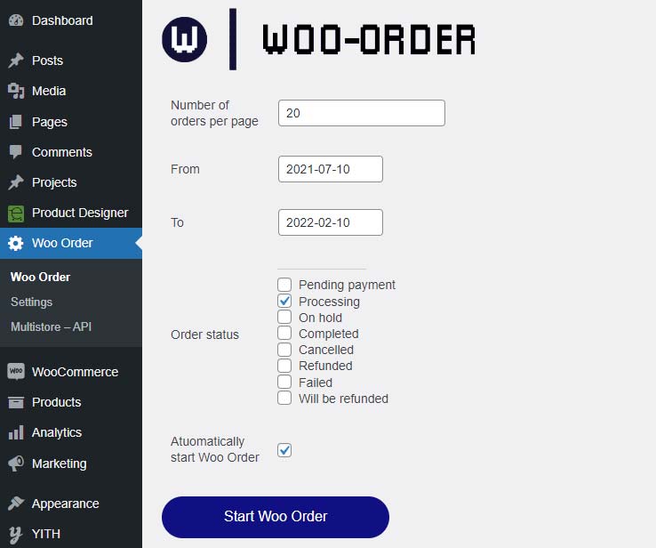 start woo-order main page